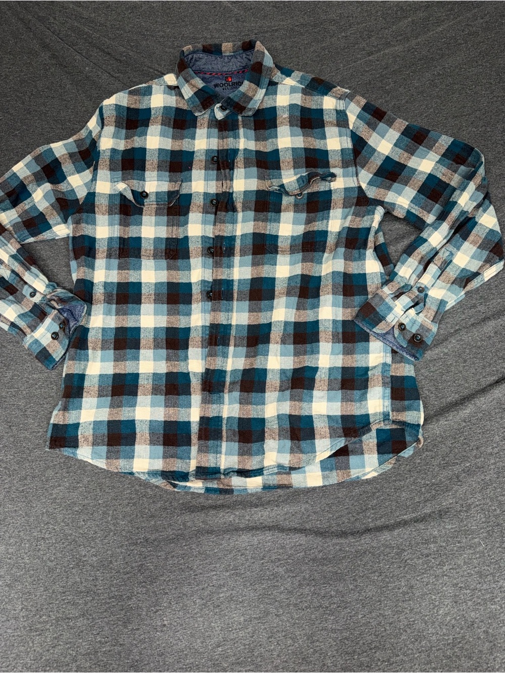 Woolrich Men's Teal, Brown & Cream Plaid Button-Down Shirt